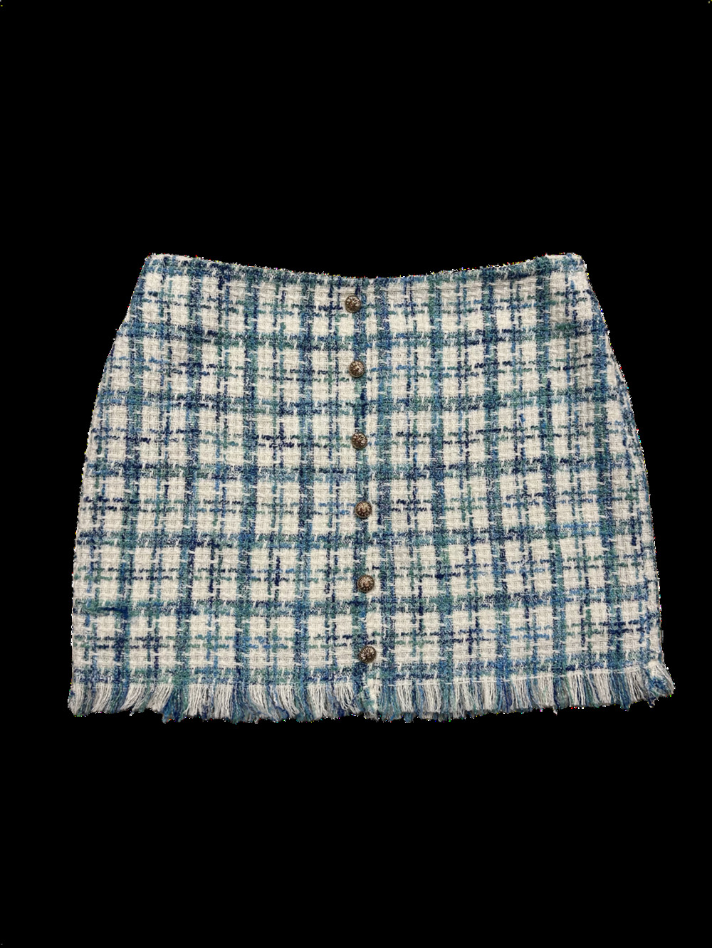 Sans Souci Blue Plaid Tweed Button Front Fringe Mini Skirt SMALL